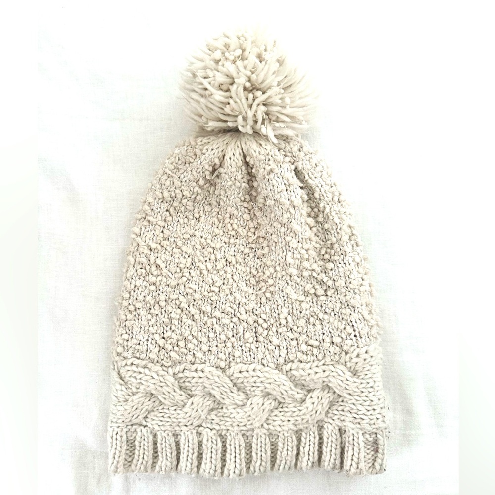 Saks Cozy Cream Knit Beanie with Pom Pom